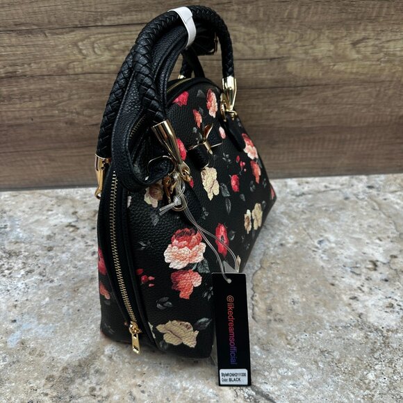 Like Dreams Black Floral Crossbody Handbag Purse Faux Leather Bow Accent New - Picture 5 of 11